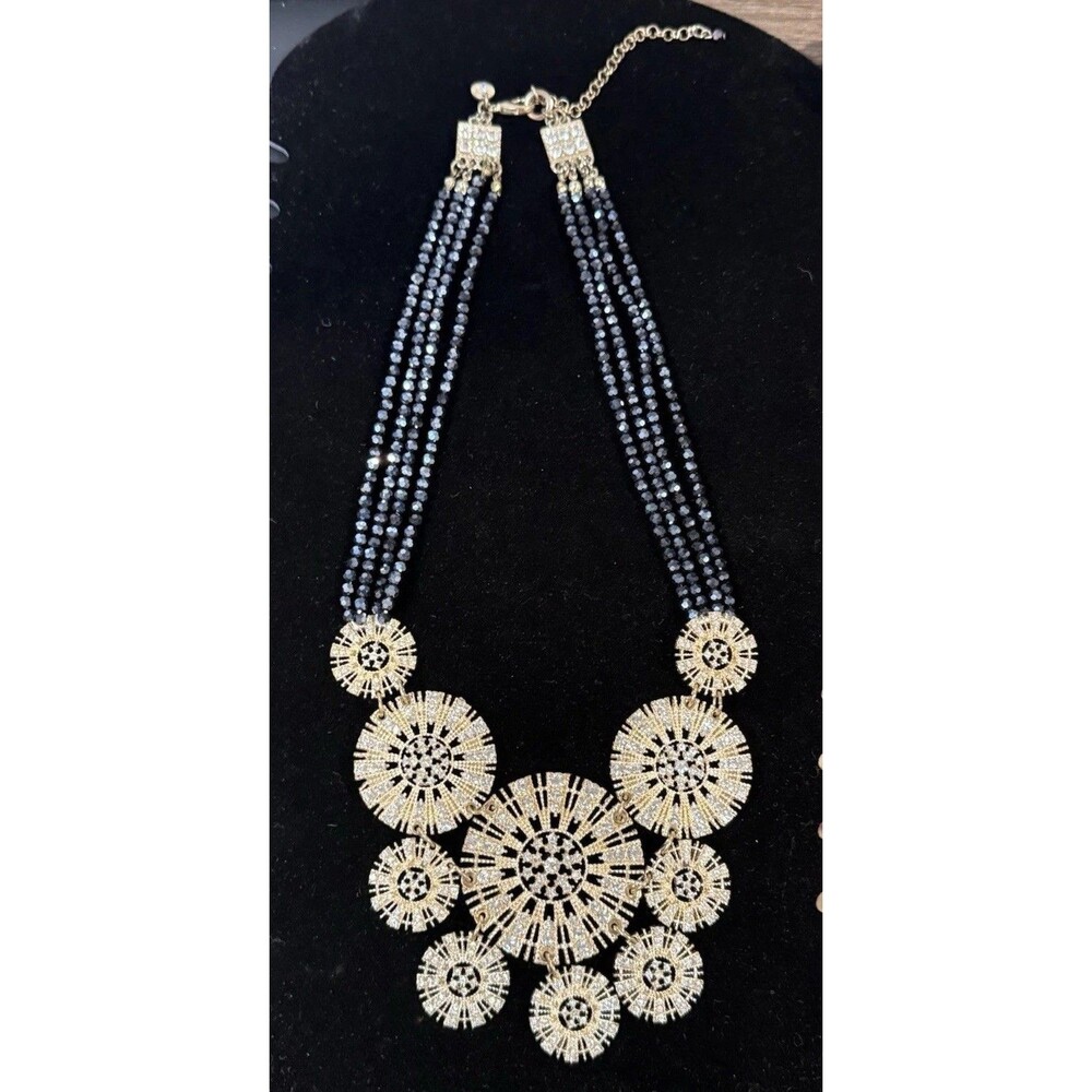 Statement Necklace W/ Gold-toned Filigree Discs & Rhinestone Accents